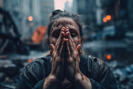 A woman with her hands in front of her face. Generative AI image.の素材