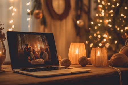 A laptop computer sitting on top of a wooden table. Generative AI image.の素材