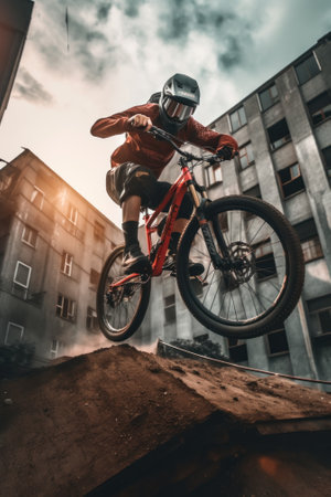 A man riding a bike on top of a dirt hill. Generative AI image.の素材