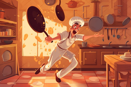 A man in a chefs uniform running through a kitchen. Generative AI image.の素材