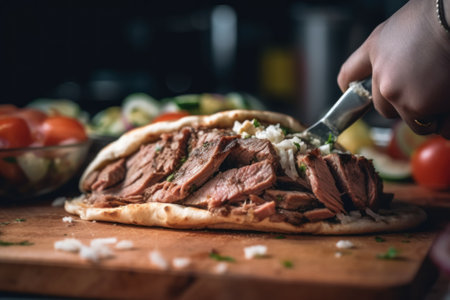 A person cutting up a meat sandwich on a cutting board. Generative AI image.の素材