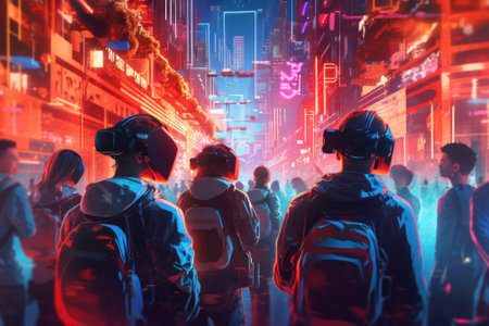 A group of people walking down a street at night. Generative AI image.の素材