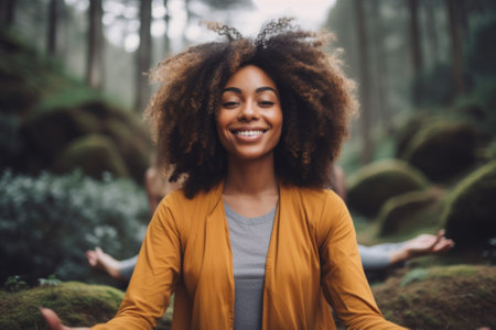 A woman meditating in a forest. Generative AI image.の素材