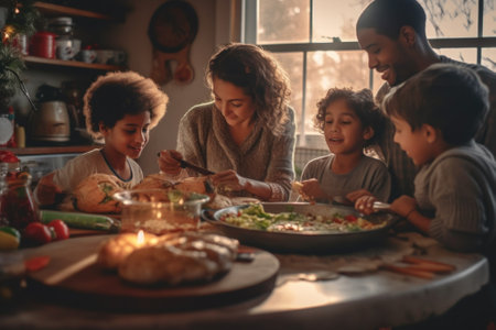 A group of people sitting around a table eating food. Generative AI image.の素材