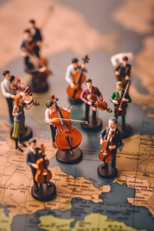 Miniature figurines of musicians on a world map. Generative AI image.の素材