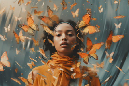 A woman in a yellow dress surrounded by butterflies. Generative AI image.の素材