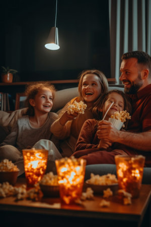 A family sitting on a couch eating popcorn. Generative AI image.の素材