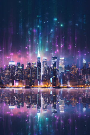 A city at night with lights reflecting in the water. Generative AI image.の素材