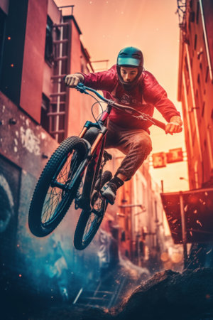 A man riding a bike up the side of a building. Generative AI image.の素材