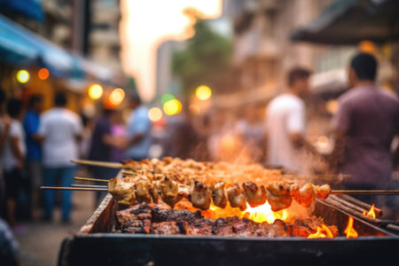 A grill with skewers of meat on it. Generative AI image.の素材