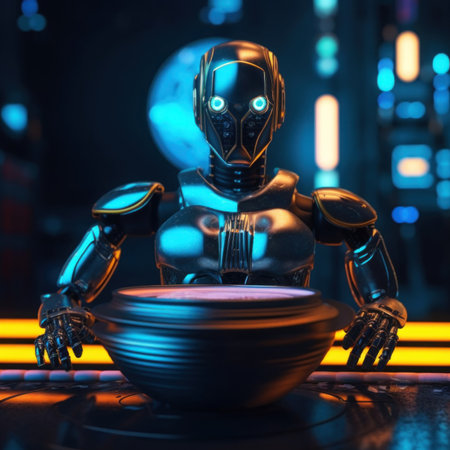 A robot that is sitting in a bowl. Generative AI image.の素材
