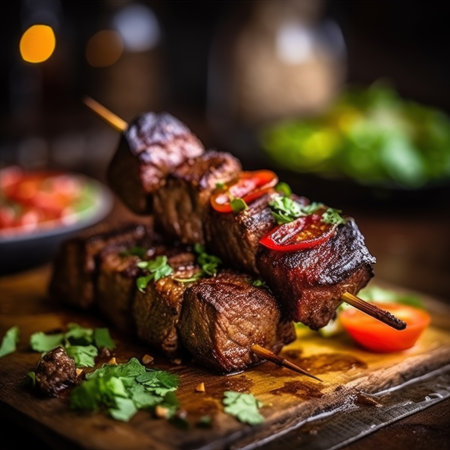 A wooden cutting board topped with meat and veggies. Generative AI image.の素材