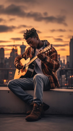 A man sitting on a ledge playing a guitar. Generative AI image.の素材