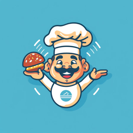 A cartoon chef holding a hamburger in one hand and a burger in the other. Generative AI image.の素材