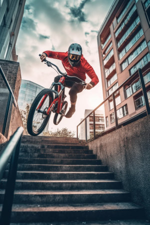 A man riding a bike down a flight of stairs. Generative AI image.の素材