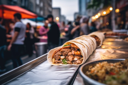 A burrito sitting on top of a counter next to a bowl of food. Generative AI image.の素材