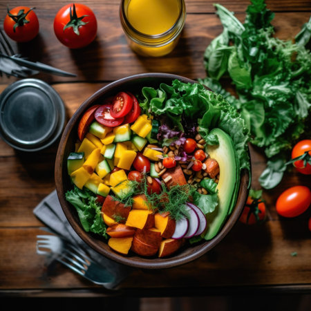 A wooden table topped with a bowl of salad. Generative AI image.の素材