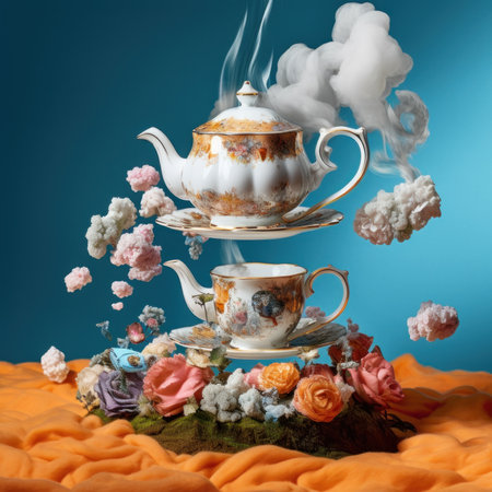 A tea pot and two cups on a table. Generative AI image.の素材