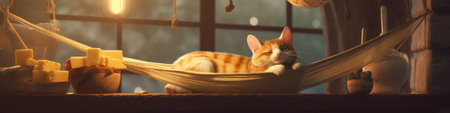 A cat laying in a hammock in front of a window. Generative AI image.の素材