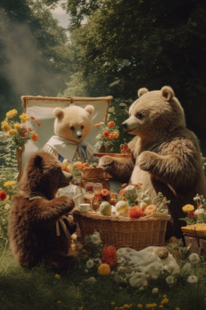 A couple of bears that are sitting in the grass. Generative AI image.の素材