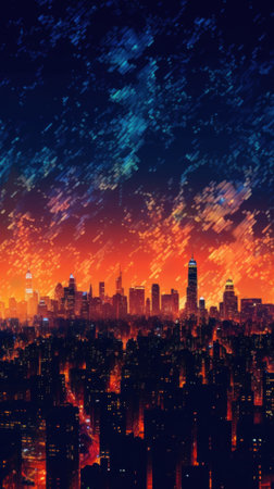 A view of a city at night from a high rise building. Generative AI image.の素材