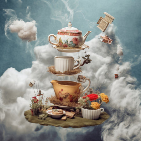 A stack of tea cups and saucers on a table. Generative AI image.の素材