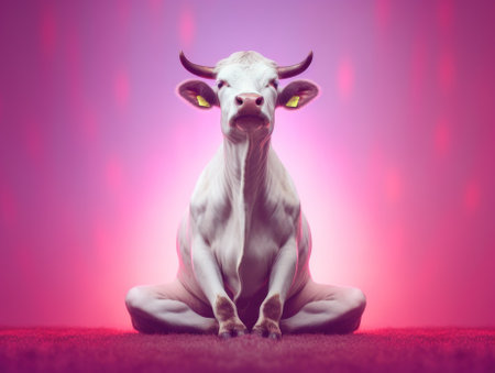 A white cow sitting in a yoga position. Generative AI image.の素材
