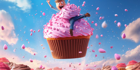 A girl is sitting on top of a giant cupcake. Generative AI image.の素材