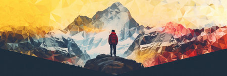 A person standing on top of a mountain. Generative AI image.の素材