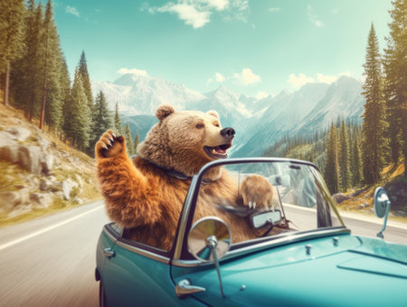 A large brown bear sitting in the passenger seat of a car. Generative AI image.の素材