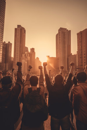 A group of people raising their hands in the air. Generative AI image.の素材
