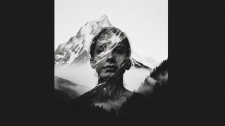 A black and white photo of a person with a mountain in the background. Generative AI image.の素材