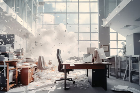 A messy office with a lot of clutter on the floor. Generative AI image.の素材