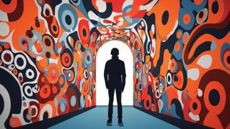 A silhouette of a person standing in a colorful tunnel. Generative AI image.の素材