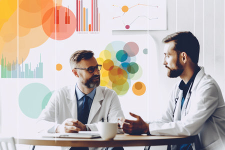Two men sitting at a table talking to each other. Generative AI image.の素材