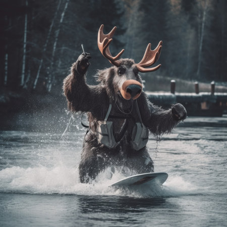A moose is riding a surfboard in the water. Generative AI image.の素材
