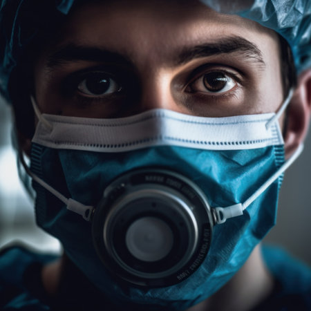 A close up of a person wearing a surgical mask. Generative AI image.の素材