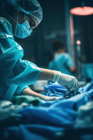 A person in a hospital room preparing to perform surgery. Generative AI image.の素材