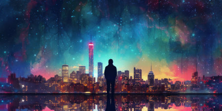 A man standing in front of a city at night. Generative AI image.の素材