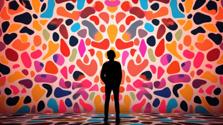 A person standing in front of a colorful wall. Generative AI image.の素材