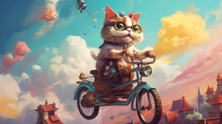 A cat is riding a bicycle with a dog on it. Generative AI image.の素材