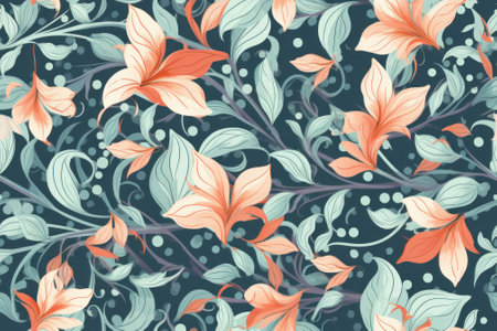 A floral pattern with orange flowers on a blue background. Generative AI image.の素材