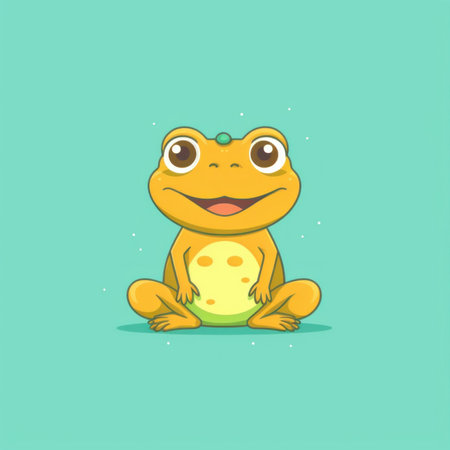 A cartoon frog sitting on the ground. Generative AI image.の素材