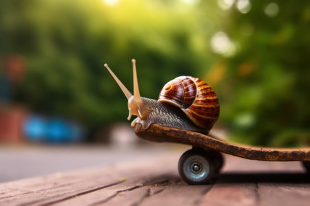 A snail riding a skateboard on a wooden surface. Generative AI image.の素材
