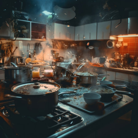 A kitchen filled with pots and pans on top of a stove. Generative AI image.の素材