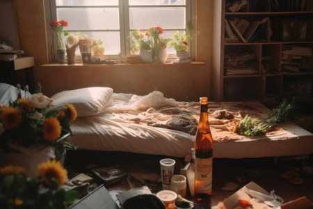 A messy room with a bed and a bottle of beer. Generative AI image.の素材