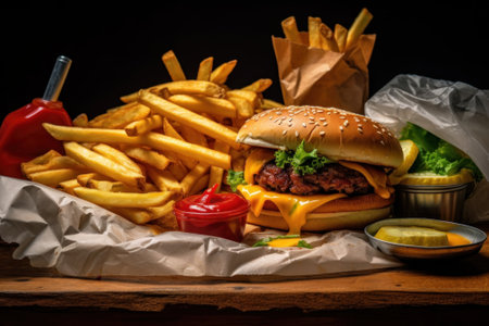 A hamburger and french fries on a table. Generative AI image.の素材