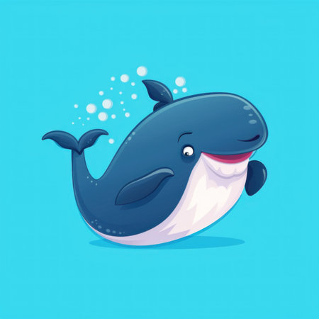 A cartoon whale swimming in the ocean. Generative AI image.の素材