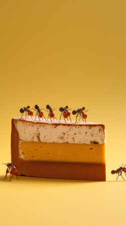 A group of ants standing on top of a piece of cake. Generative AI image.の素材