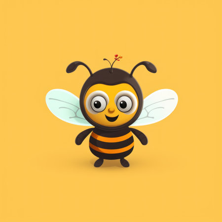 A cartoon bee with big eyes on a yellow background. Generative AI image.の素材
